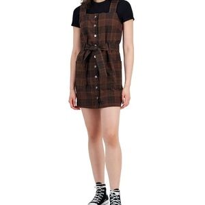 TINSELTOWN Juniors' Plaid Belted Overalls Dress Brown Black Size Medium NEW